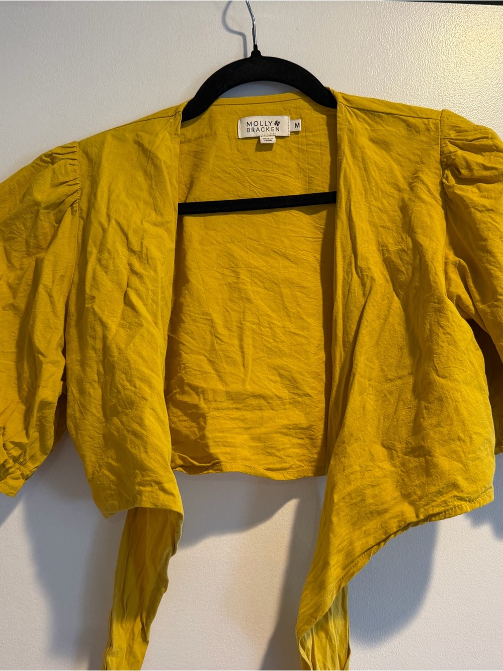 Molly Bracken Yellow Front-Tie Puff Sleeve Jacket